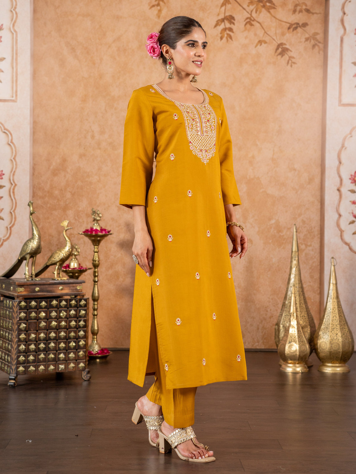Embroidered Chanderi Solid Straight Mustard Kurta