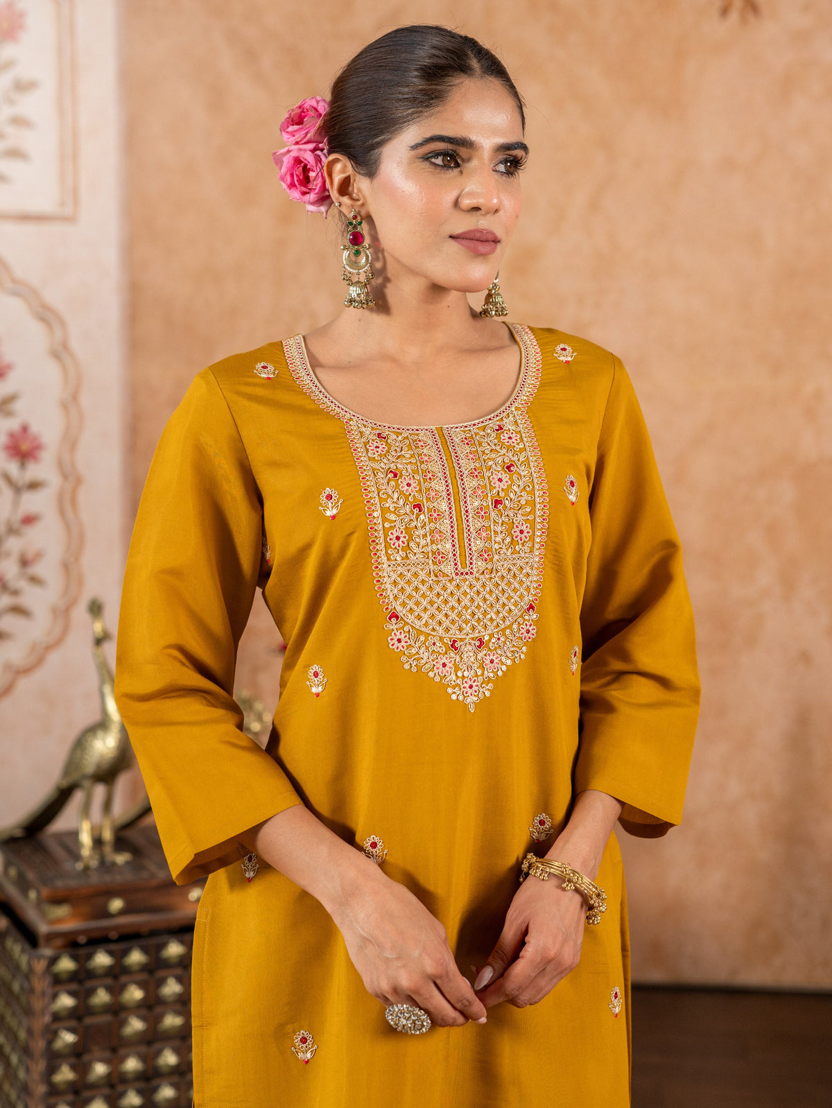 Embroidered Chanderi Solid Straight Mustard Kurta