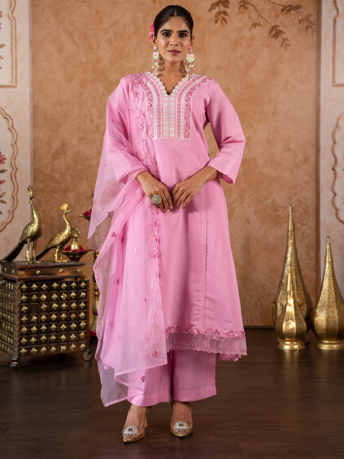 Embroidered Organza Solid Pink Dupatta