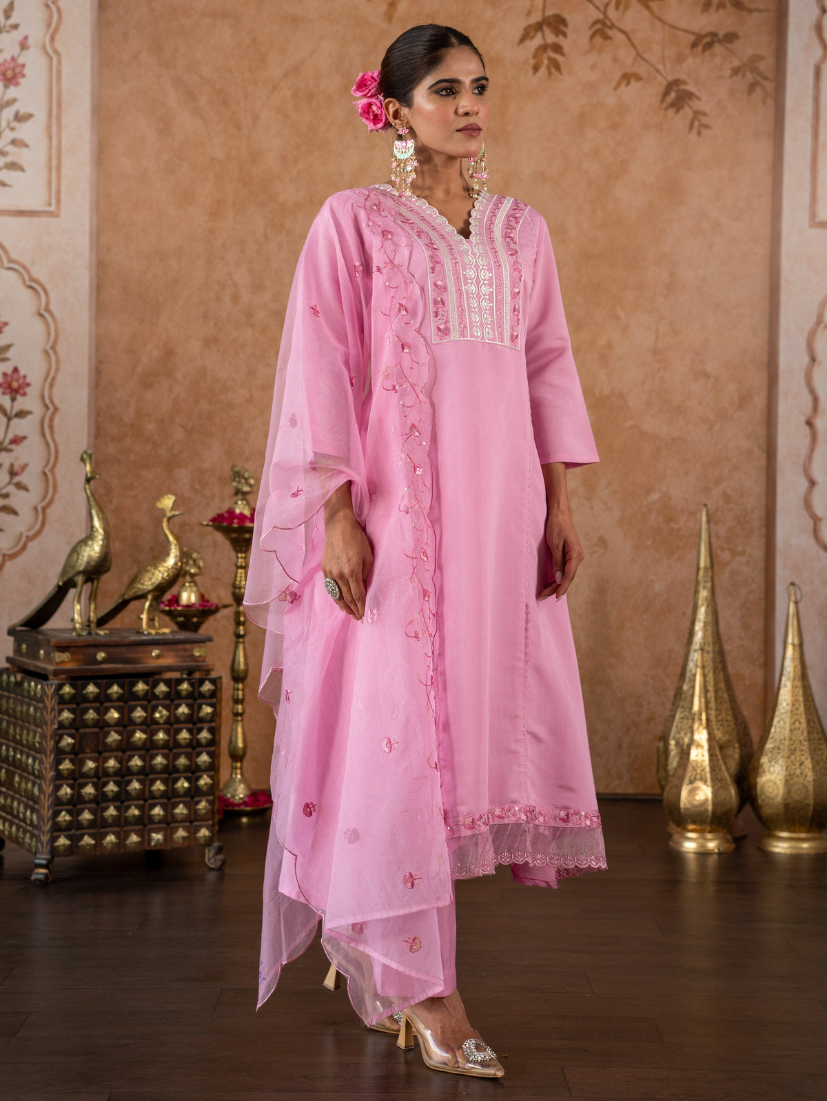 Embroidered Organza Solid Pink Dupatta