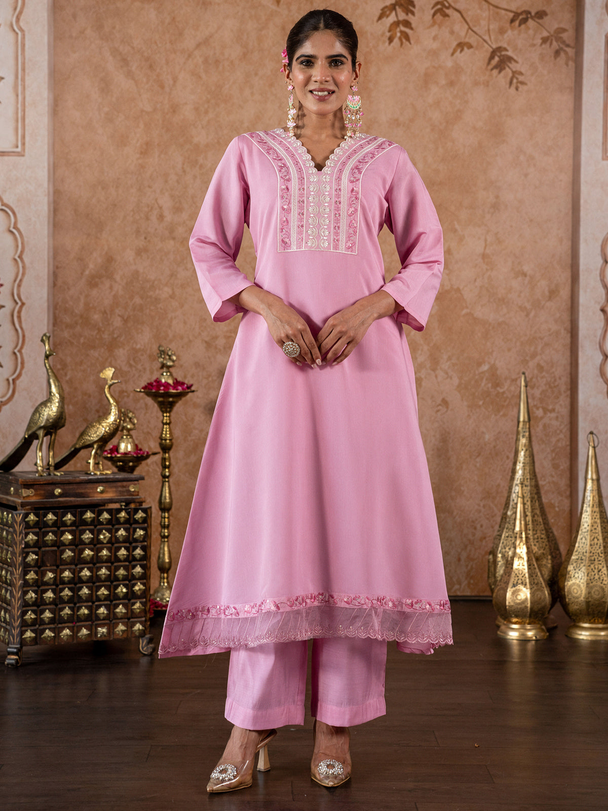 Embroidered Chanderi Solid A-Line Pink Kurta