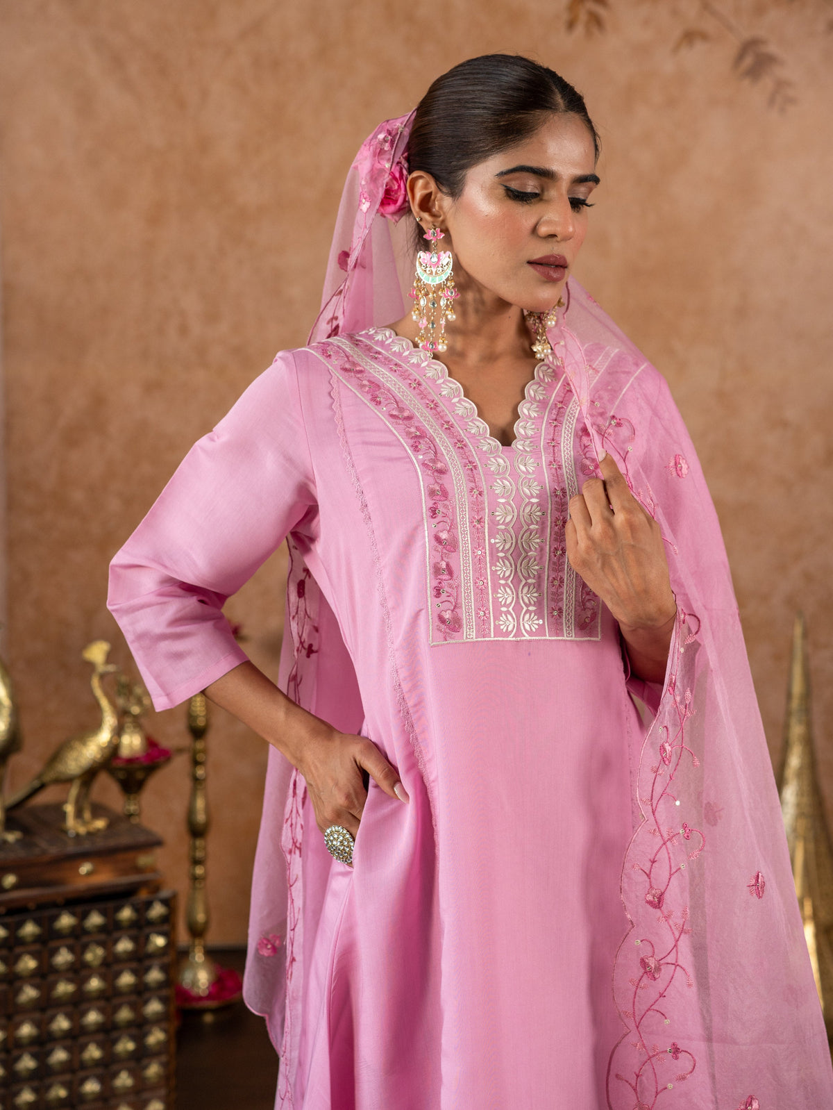 Embroidered Chanderi Solid A-Line Pink Kurta