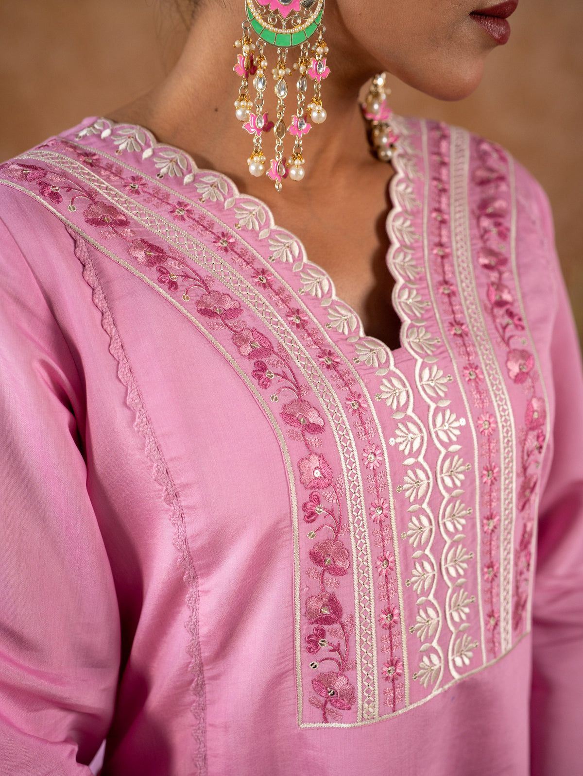 Embroidered Chanderi Solid A-Line Pink Kurta