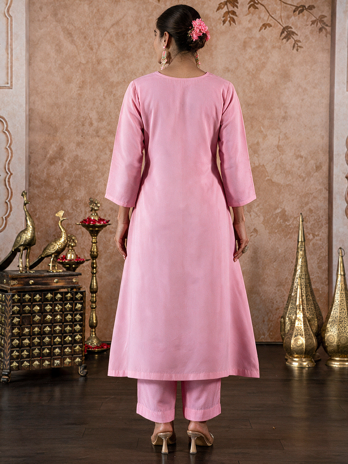 Embroidered Chanderi Solid A-Line Pink Kurta