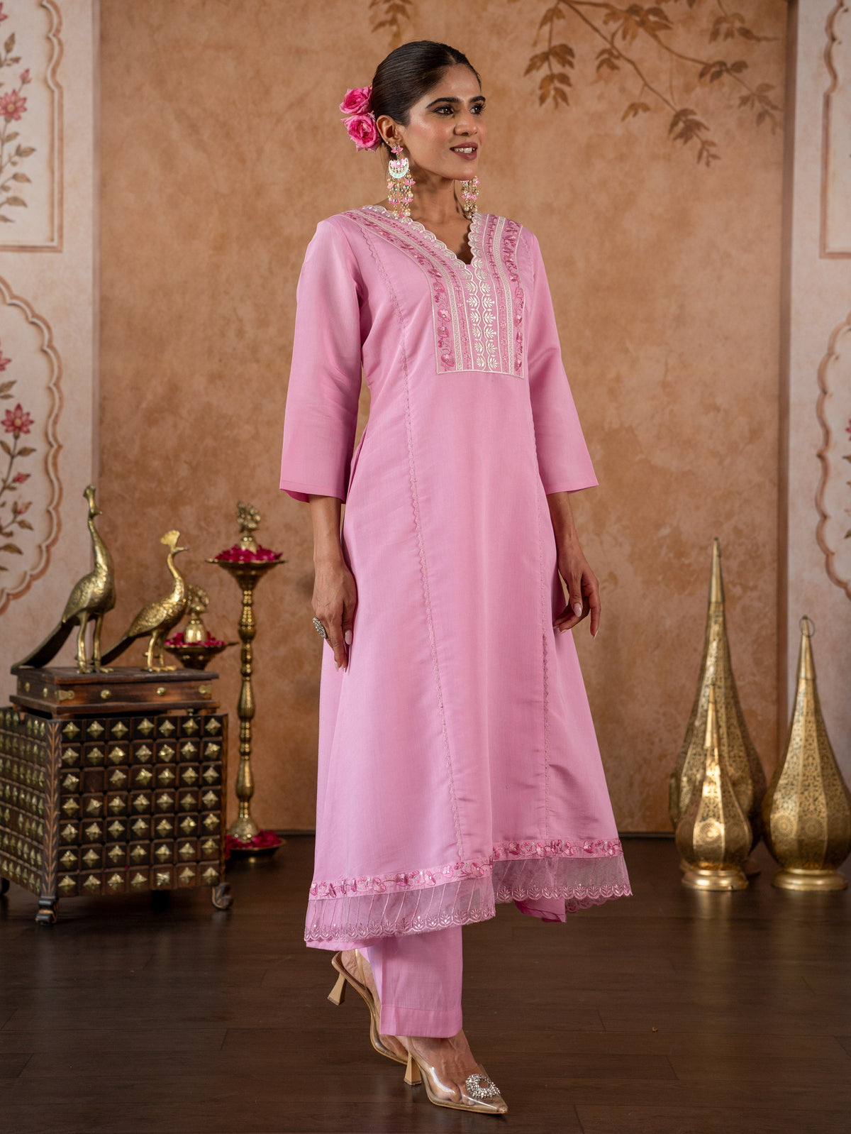 Embroidered Chanderi Solid A-Line Pink Kurta