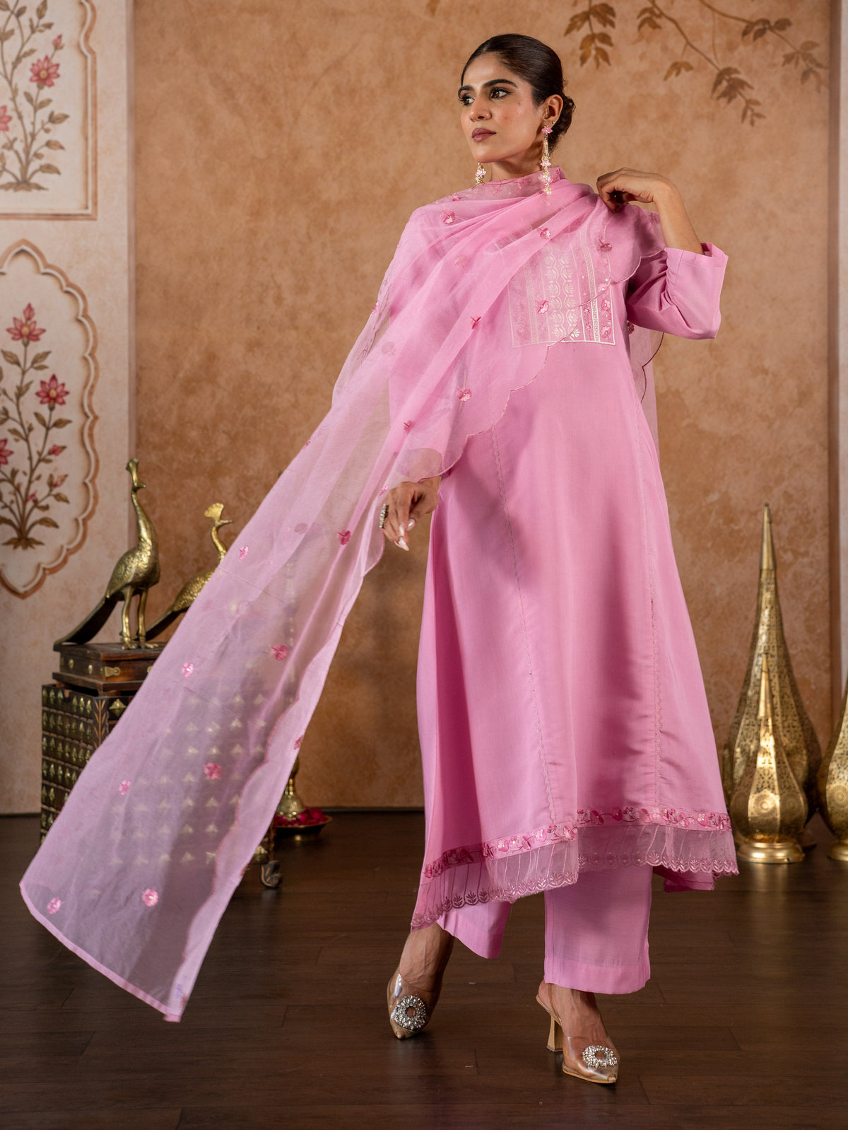 Embroidered Chanderi Solid A-Line Pink Kurta