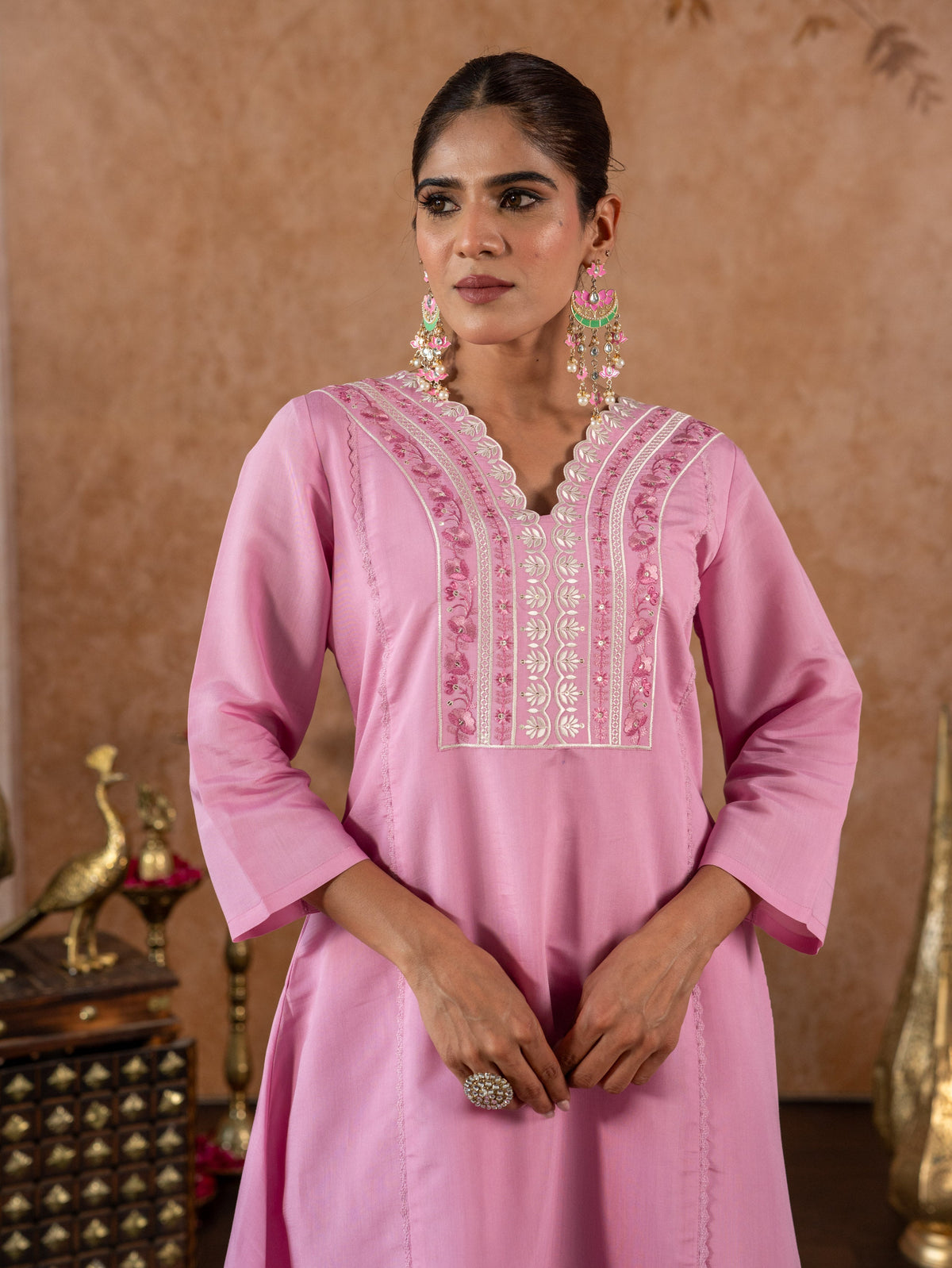 Embroidered Chanderi Solid A-Line Pink Kurta