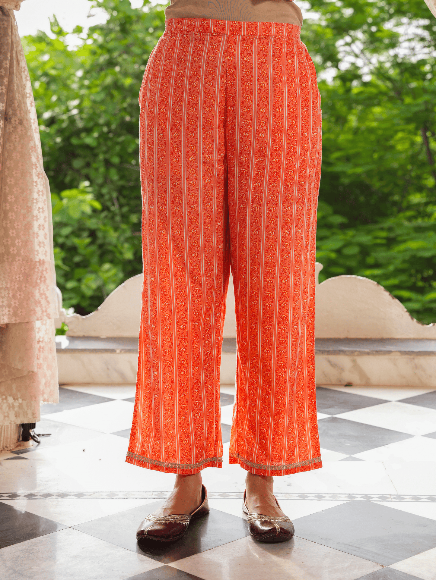 Soft Cotton Striped Orange Straight Trousers