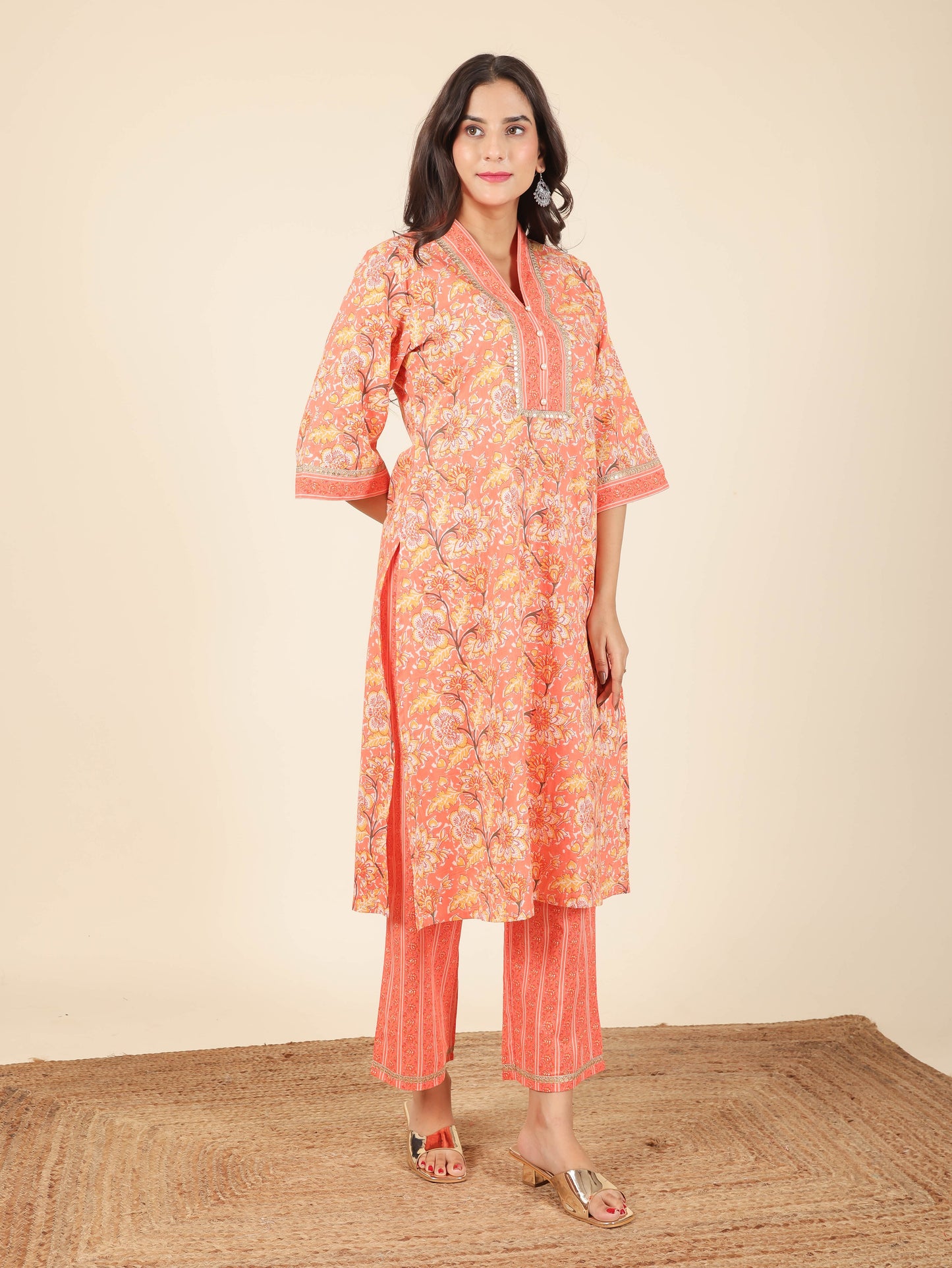 Soft Cotton Floral Straight Orange Kurta