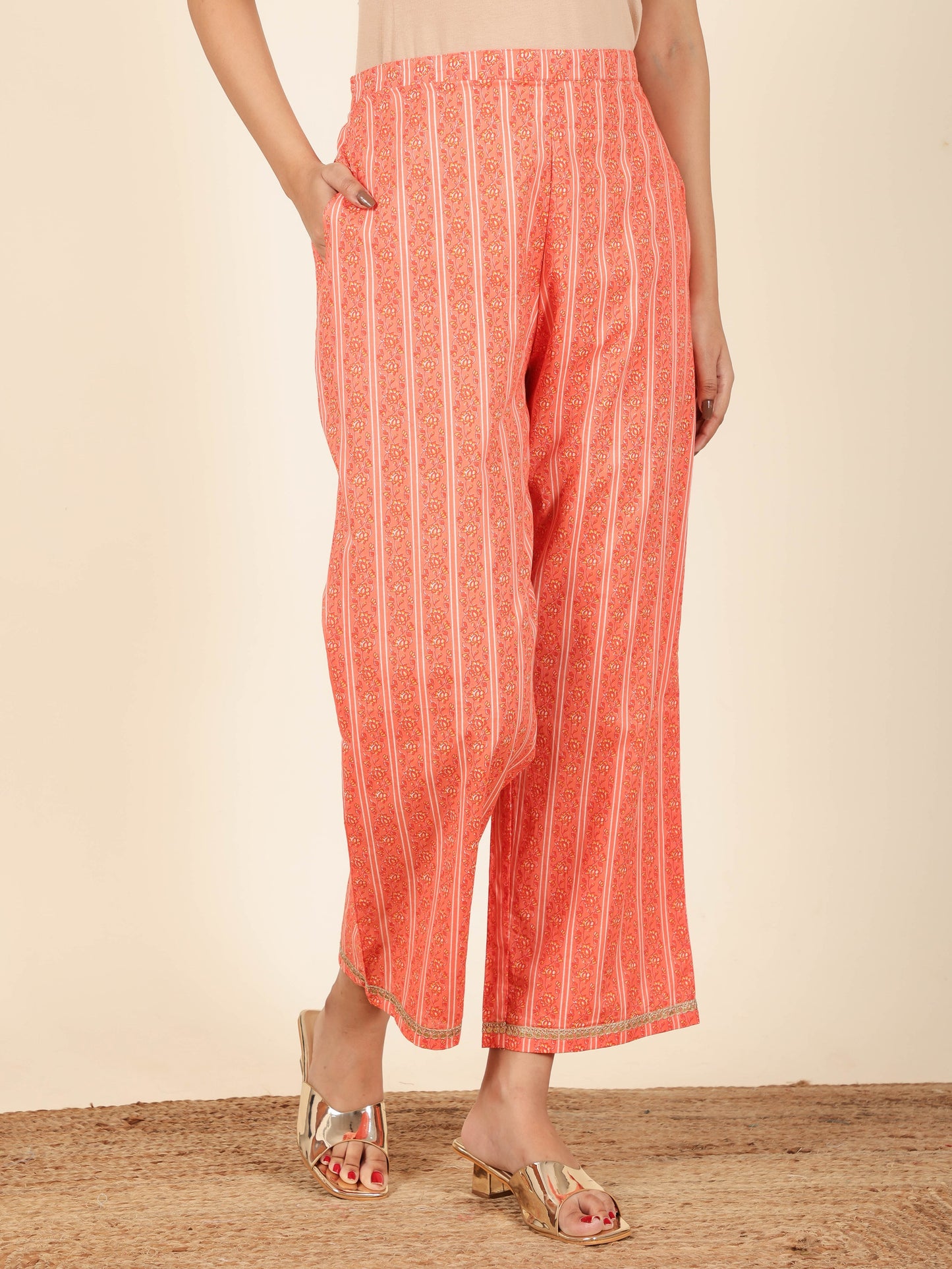 Soft Cotton Floral Straight Orange Kurta
