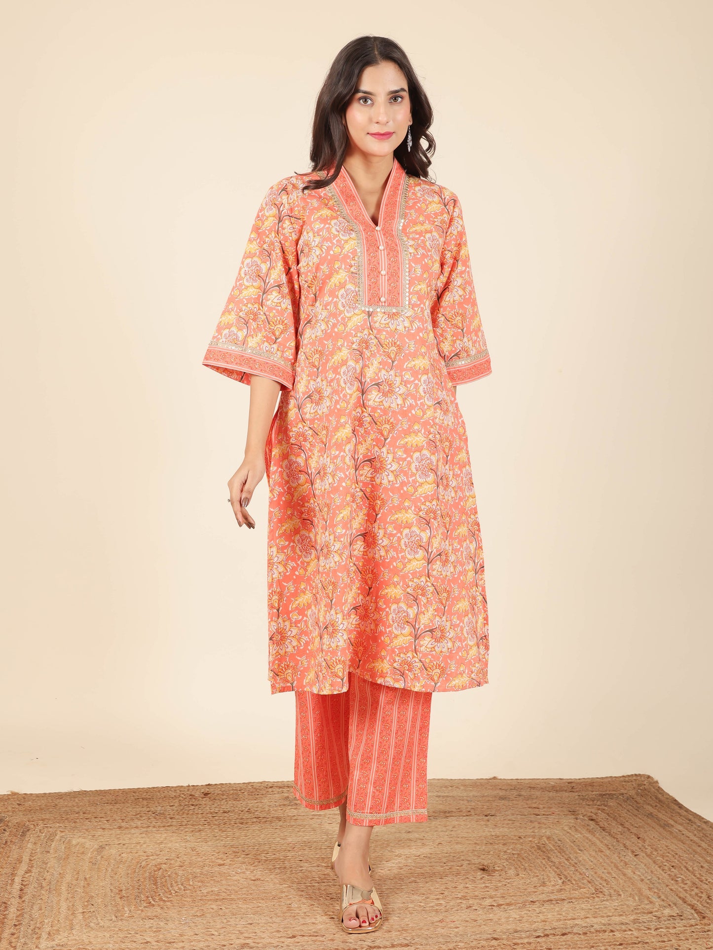 Soft Cotton Floral Straight Orange Kurta