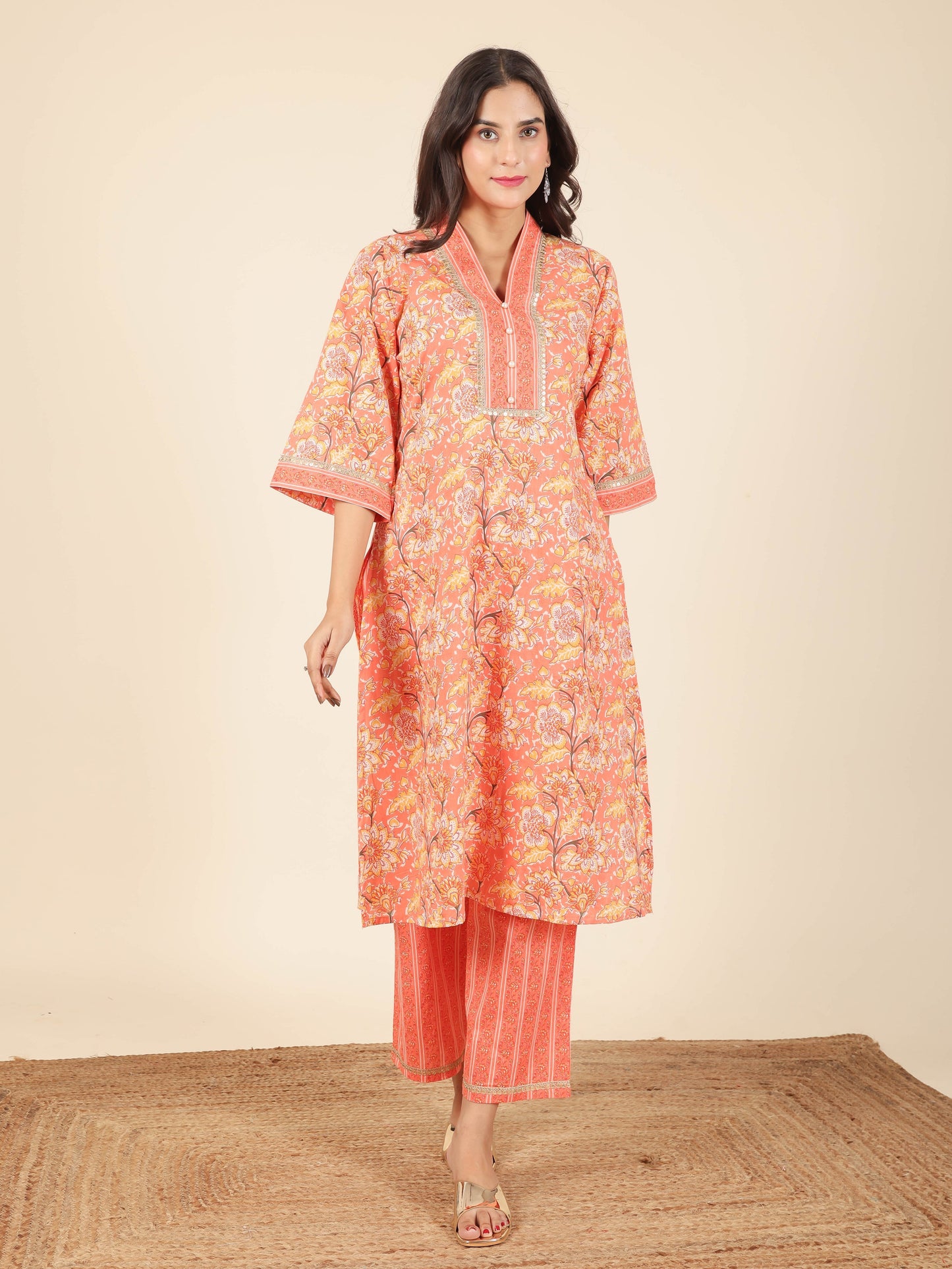 Soft Cotton Floral Straight Orange Kurta