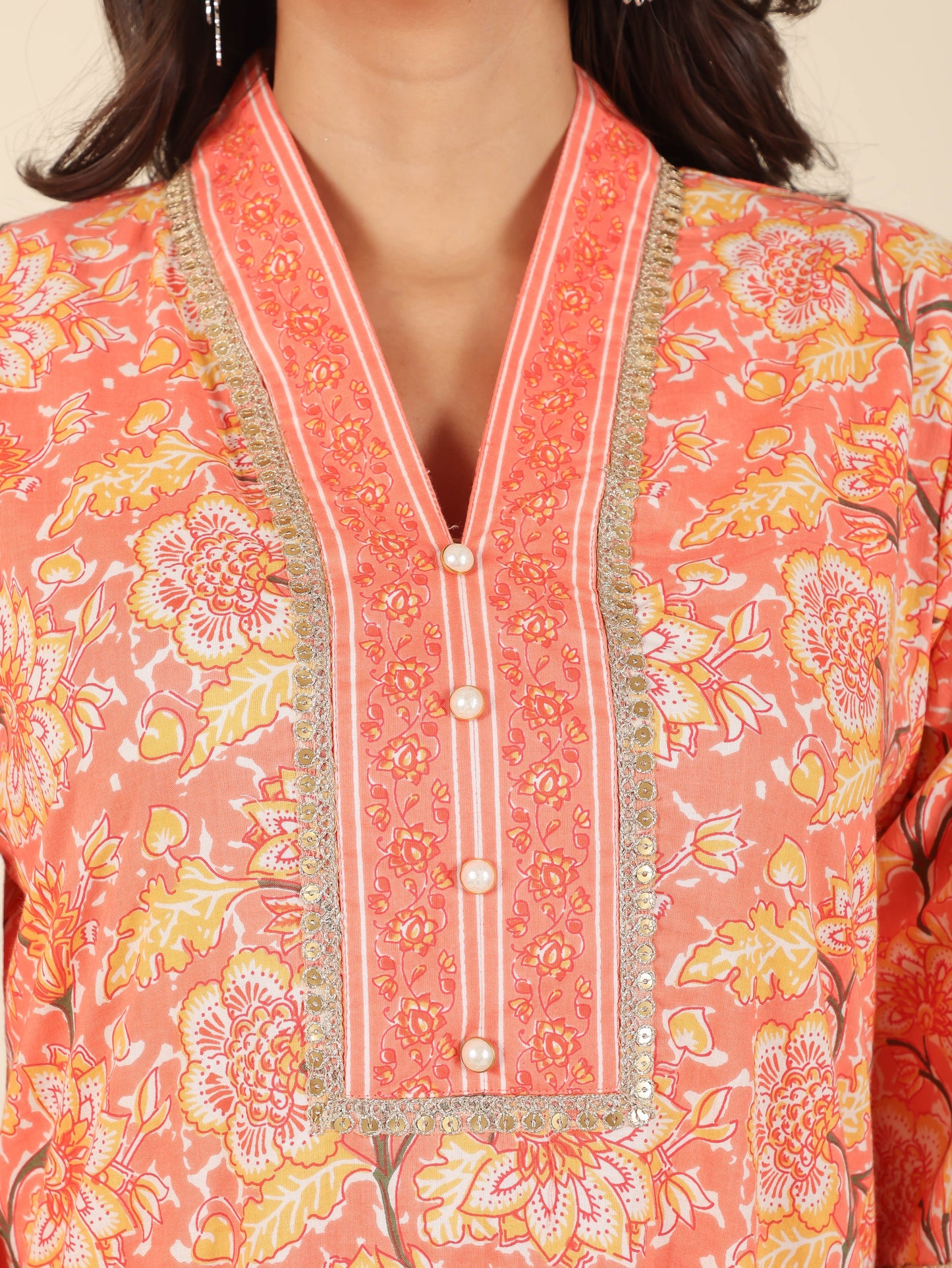 Soft Cotton Floral Straight Orange Kurta