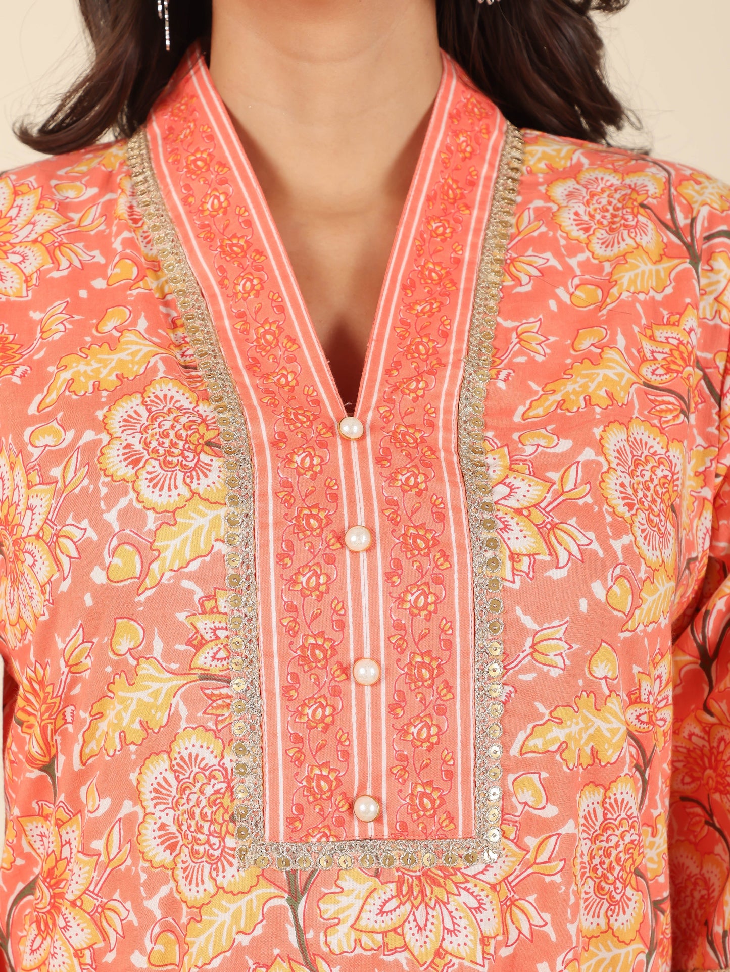 Soft Cotton Floral Straight Orange Kurta