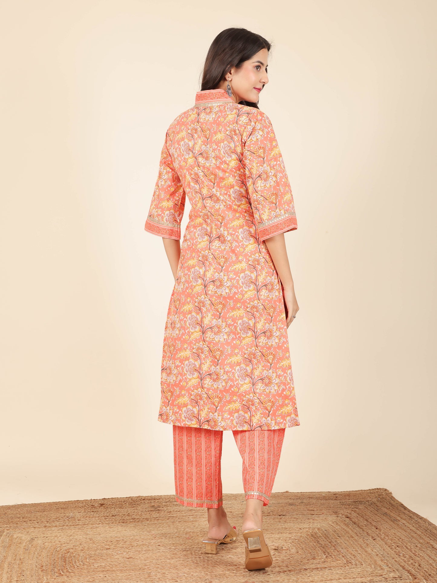 Soft Cotton Floral Straight Orange Kurta