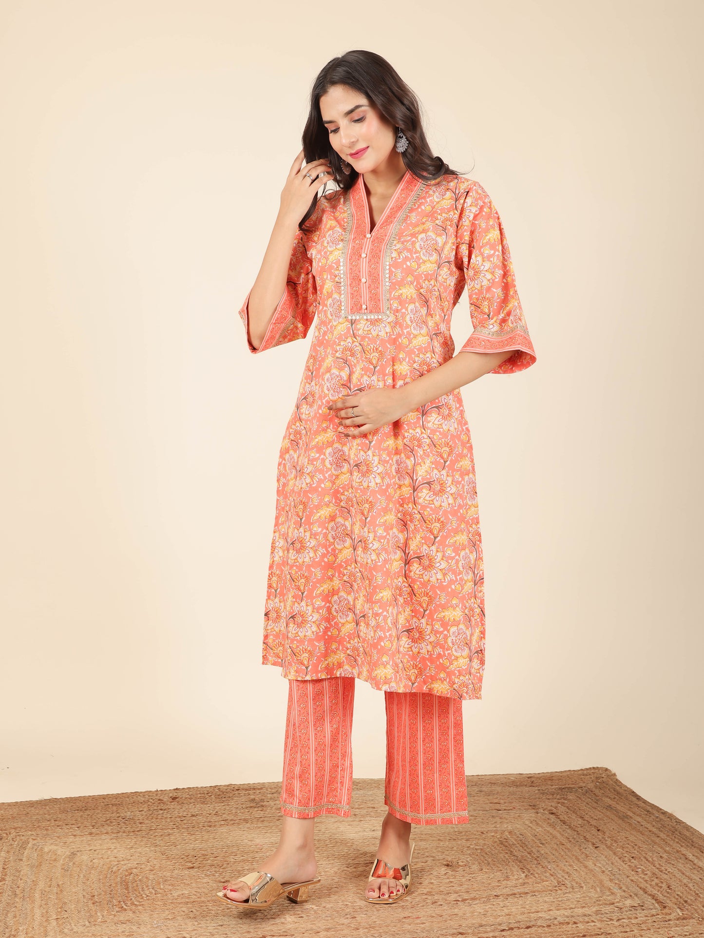 Soft Cotton Floral Straight Orange Kurta