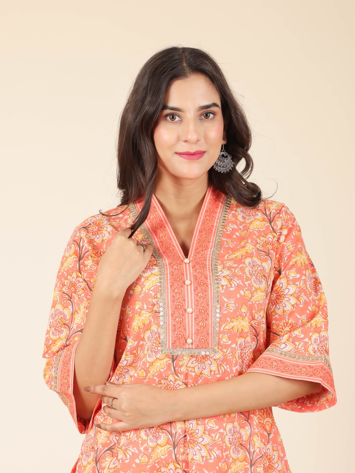 Soft Cotton Floral Straight Orange Kurta