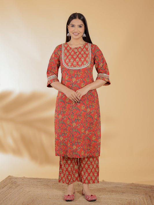 Soft Cotton Floral Straight Red Kurta