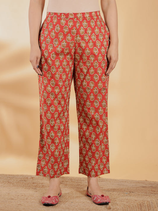 Soft Cotton Floral Red Straight Trousers