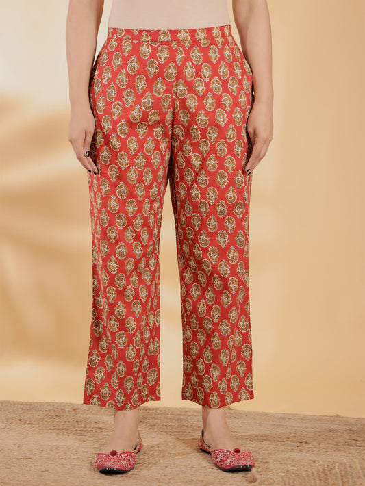 Soft Cotton Floral Red Straight Trousers