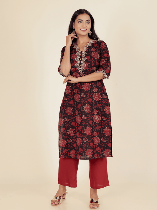 Soft Cotton Floral Straight Maroon Kurta