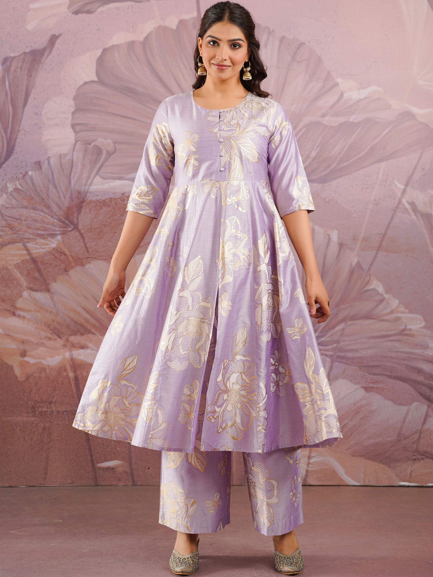 Chanderi Gold foil Anarkali Lavender Kurta