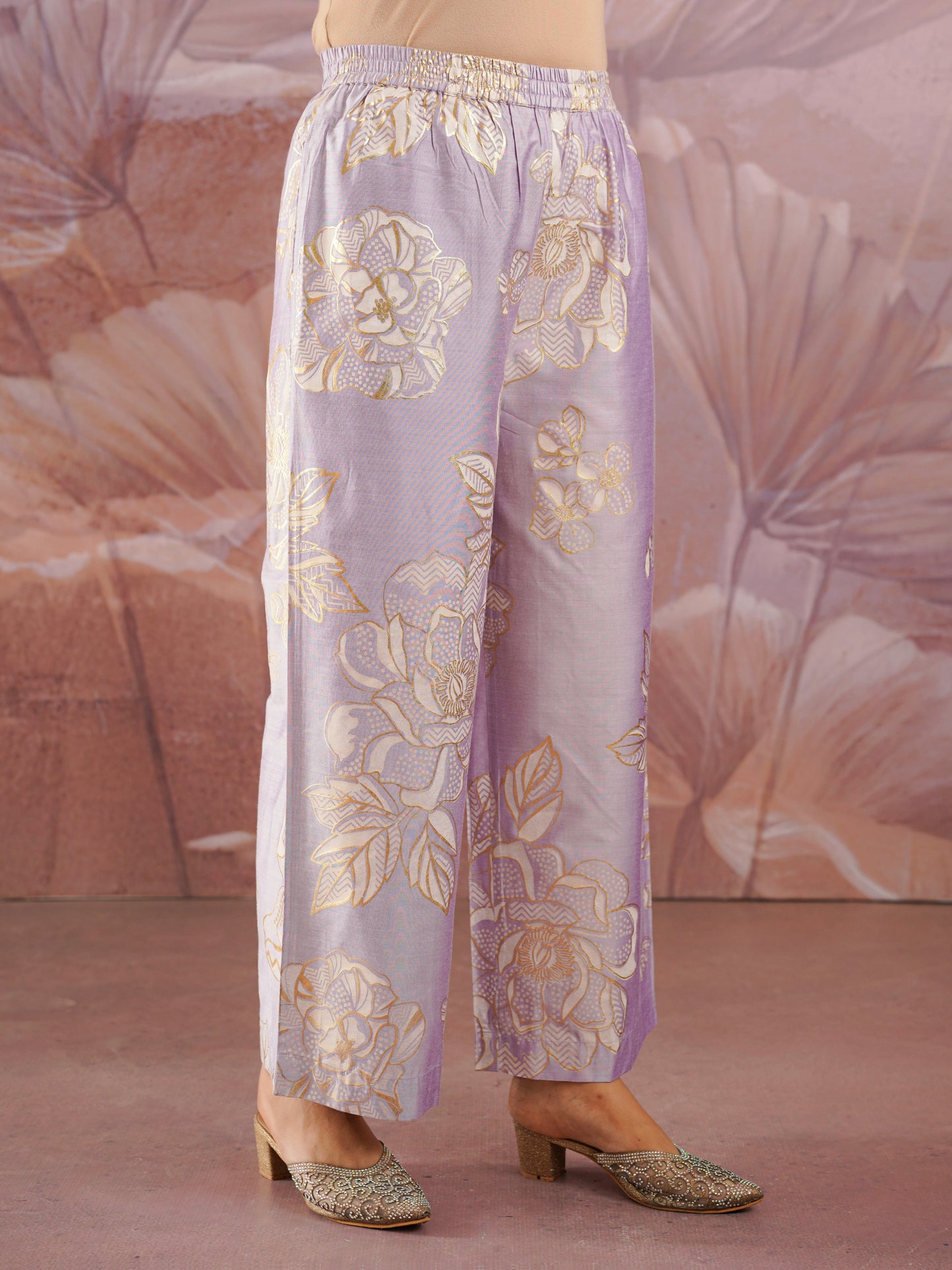 Chanderi Gold foil Anarkali Lavender Kurta