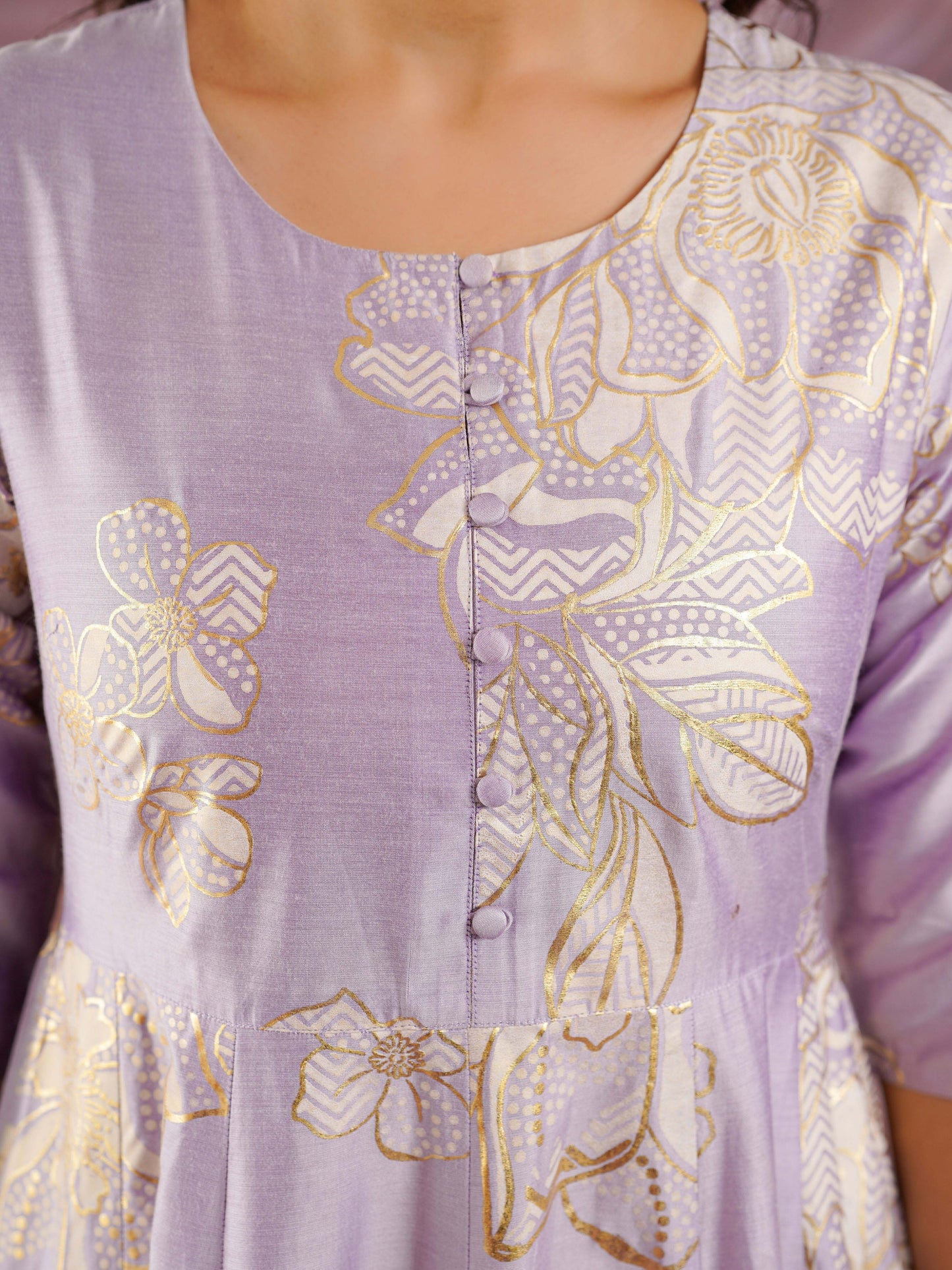 Chanderi Gold foil Anarkali Lavender Kurta