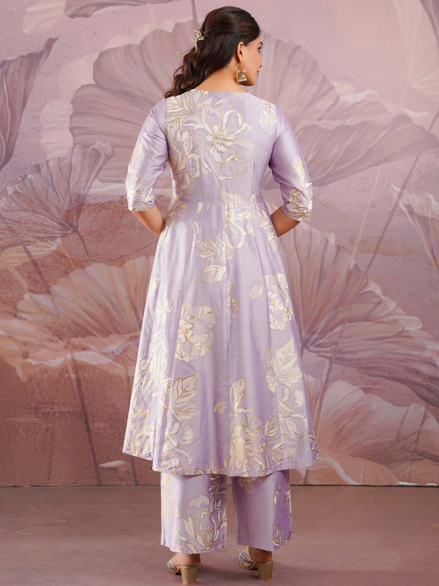 Chanderi Gold foil Anarkali Lavender Kurta