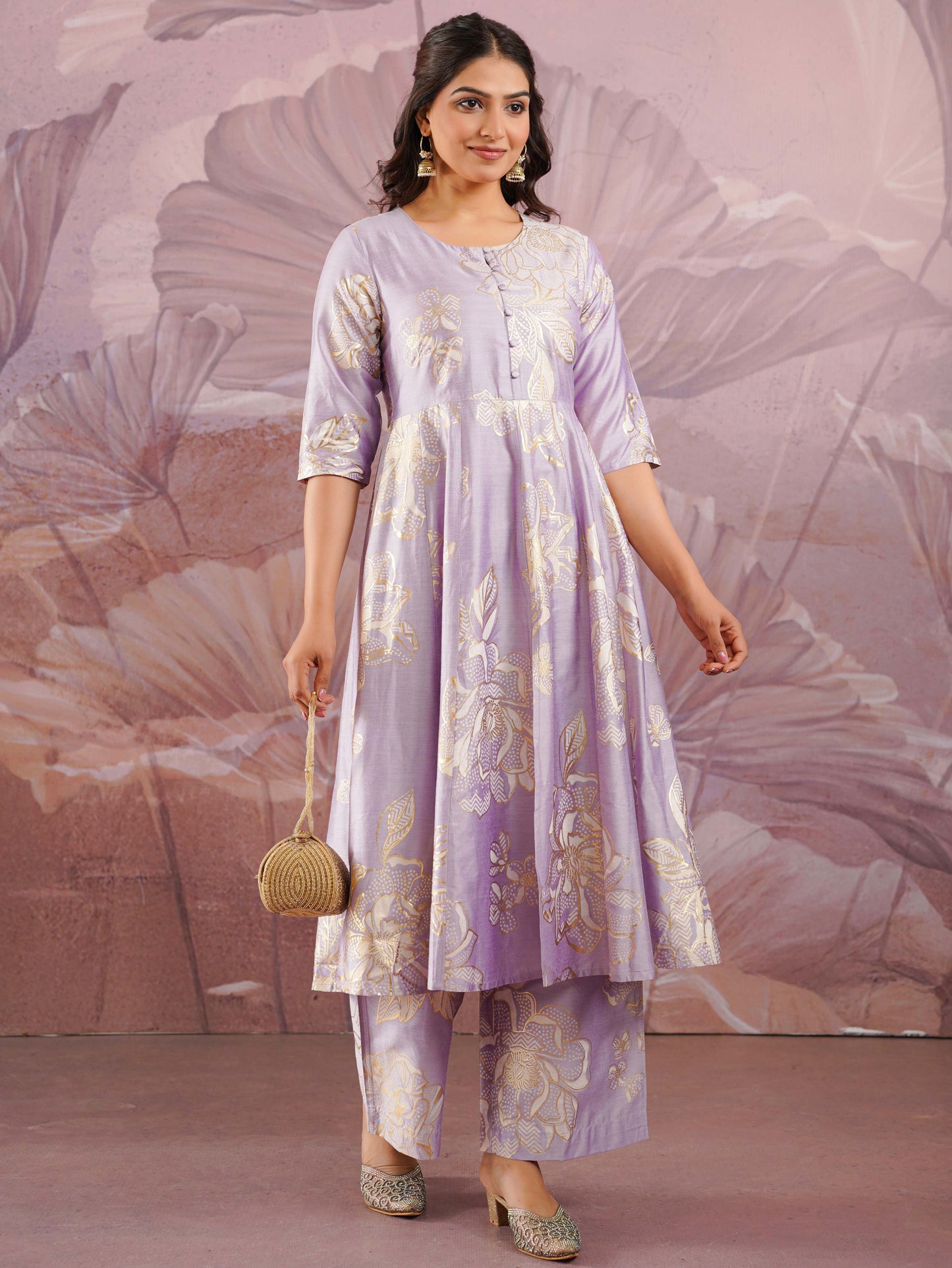 Chanderi Gold foil Anarkali Lavender Kurta