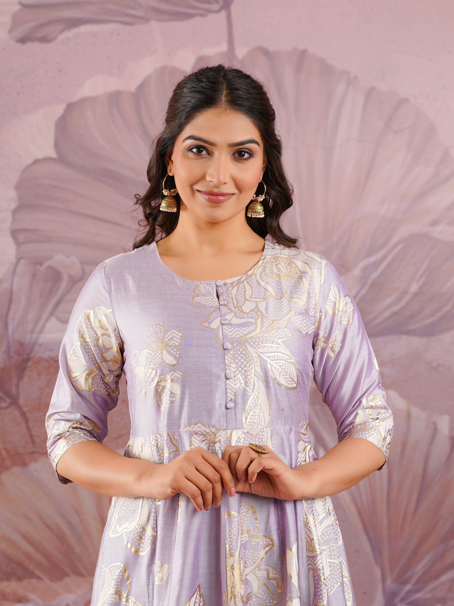 Chanderi Gold foil Anarkali Lavender Kurta