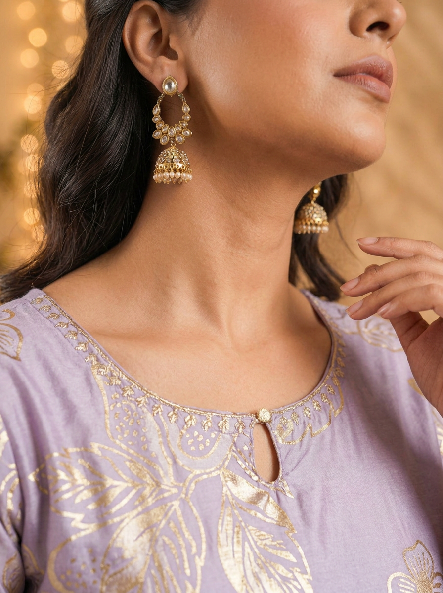Chanderi Floral Anarkali Lavender Dress