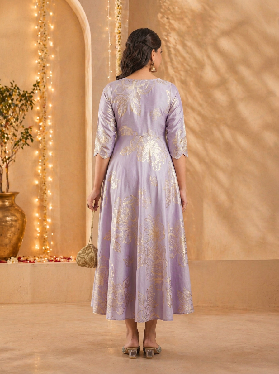 Chanderi Floral Anarkali Lavender Dress