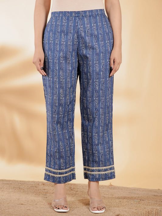Soft Cotton Striped Blue Straight Trousers
