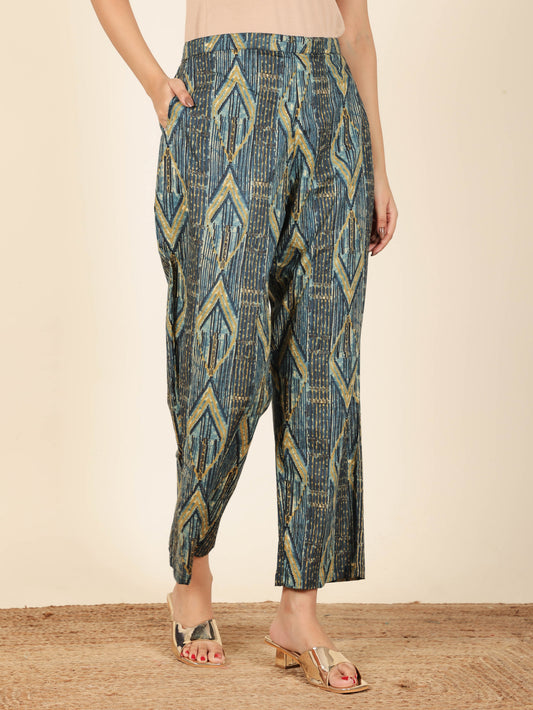 Soft Cotton Ikat Blue Straight Trousers