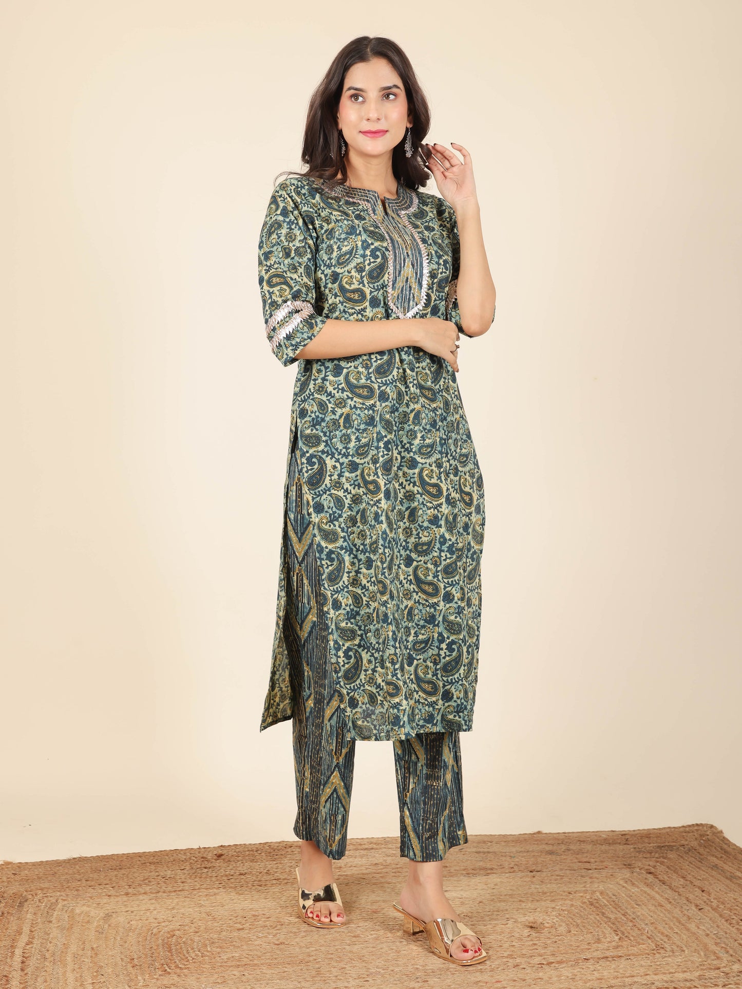 Soft Cotton Paisley Straight Blue Kurta