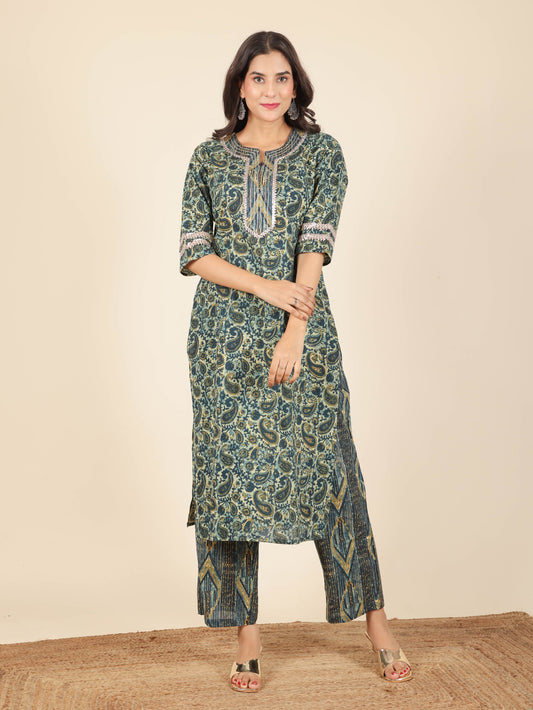 Soft Cotton Paisley Straight Blue Kurta