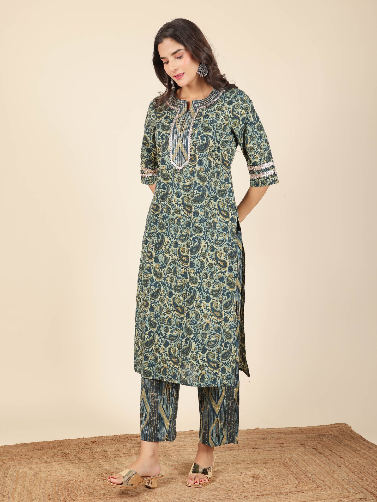 Soft Cotton Paisley Straight Blue Kurta