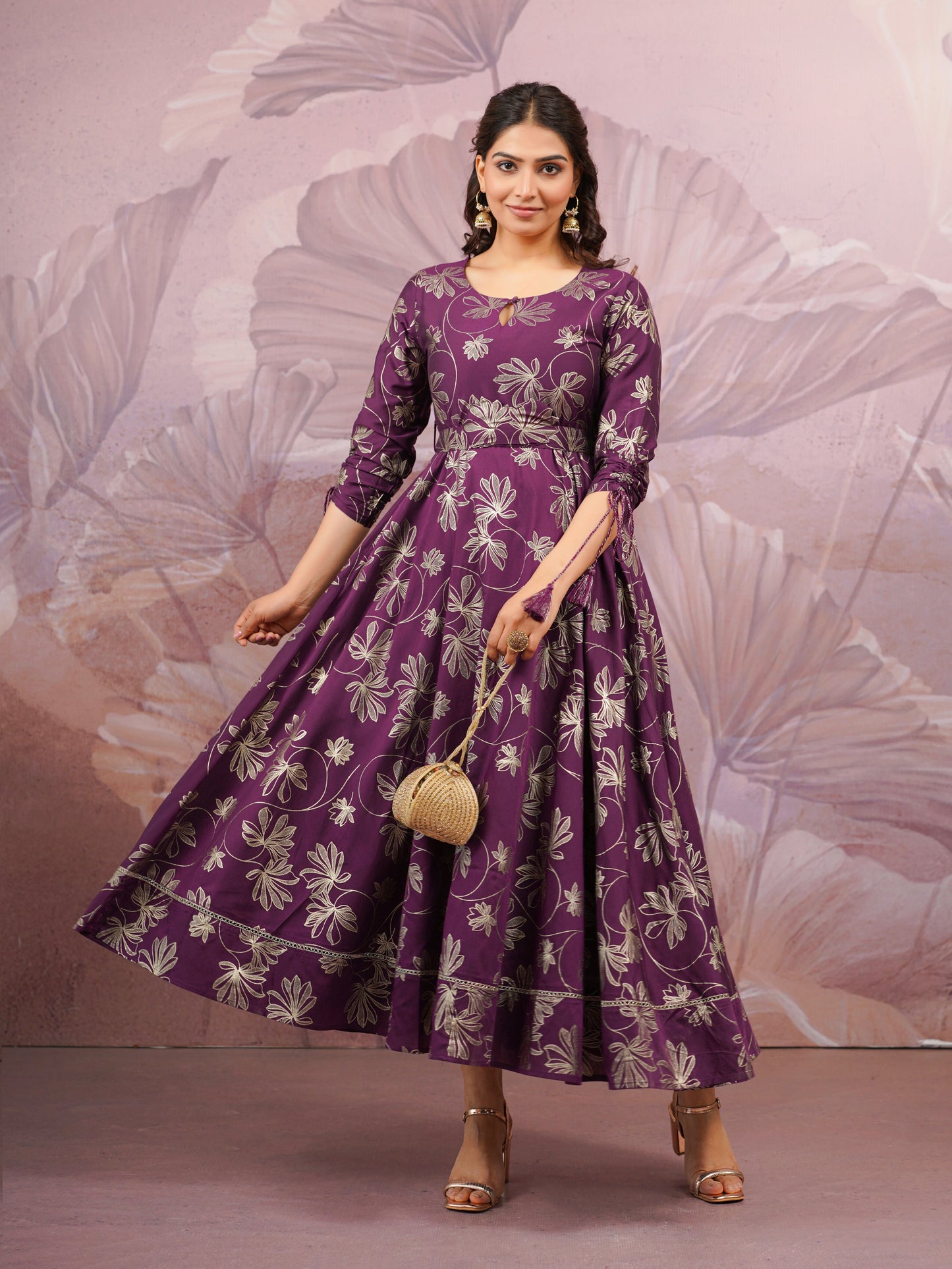 Chanderi Gold foil Anarkali Purple Dress (With Belt)