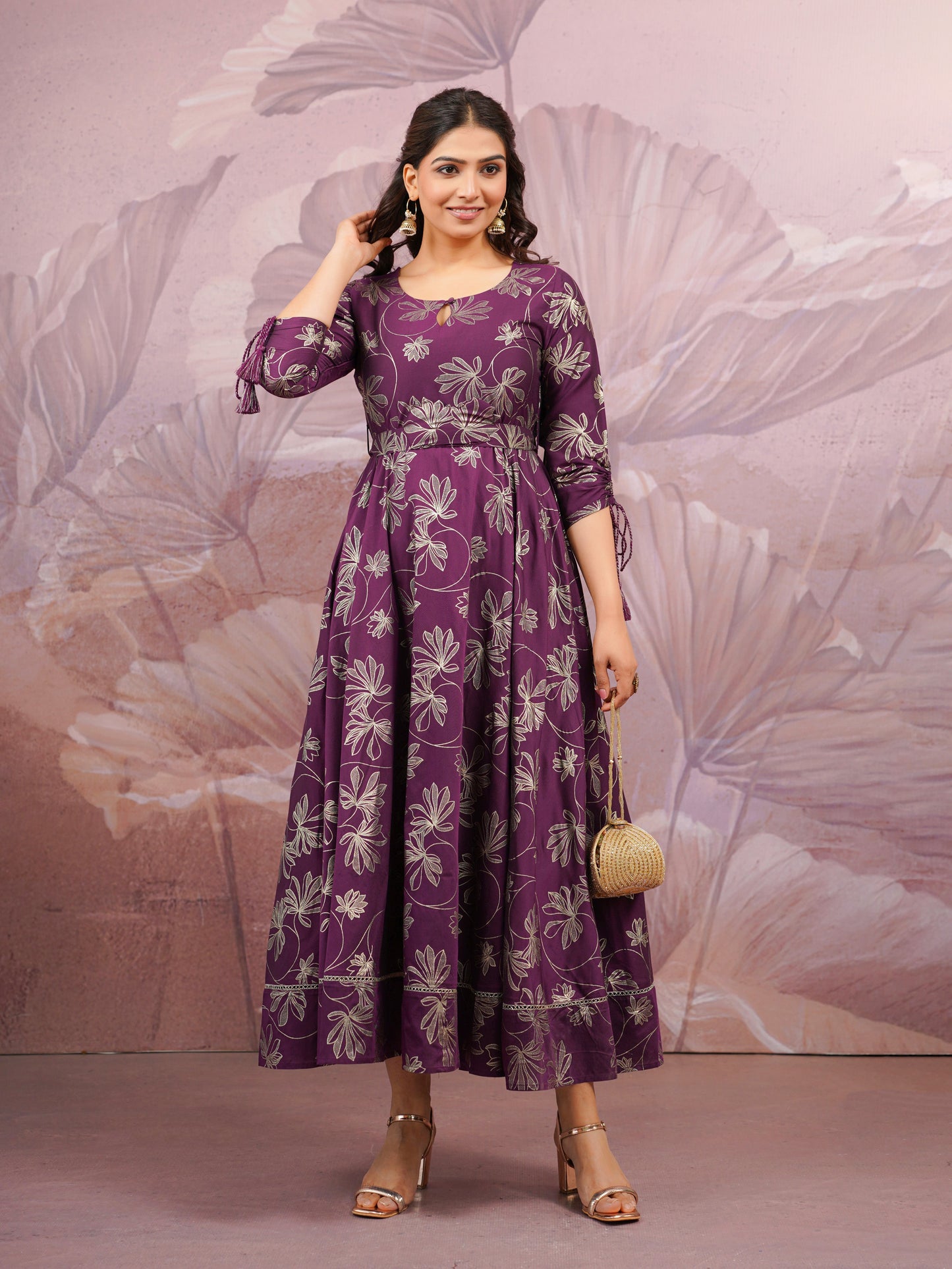 Chanderi Gold foil Anarkali Purple Dress (With Belt)