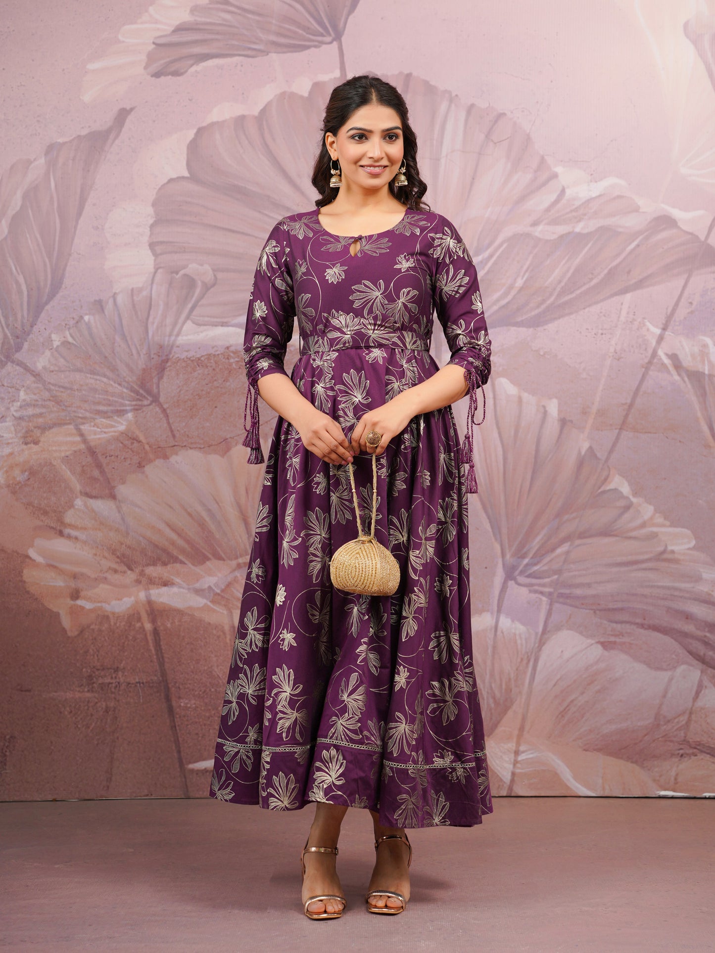 Chanderi Gold foil Anarkali Purple Dress (With Belt)
