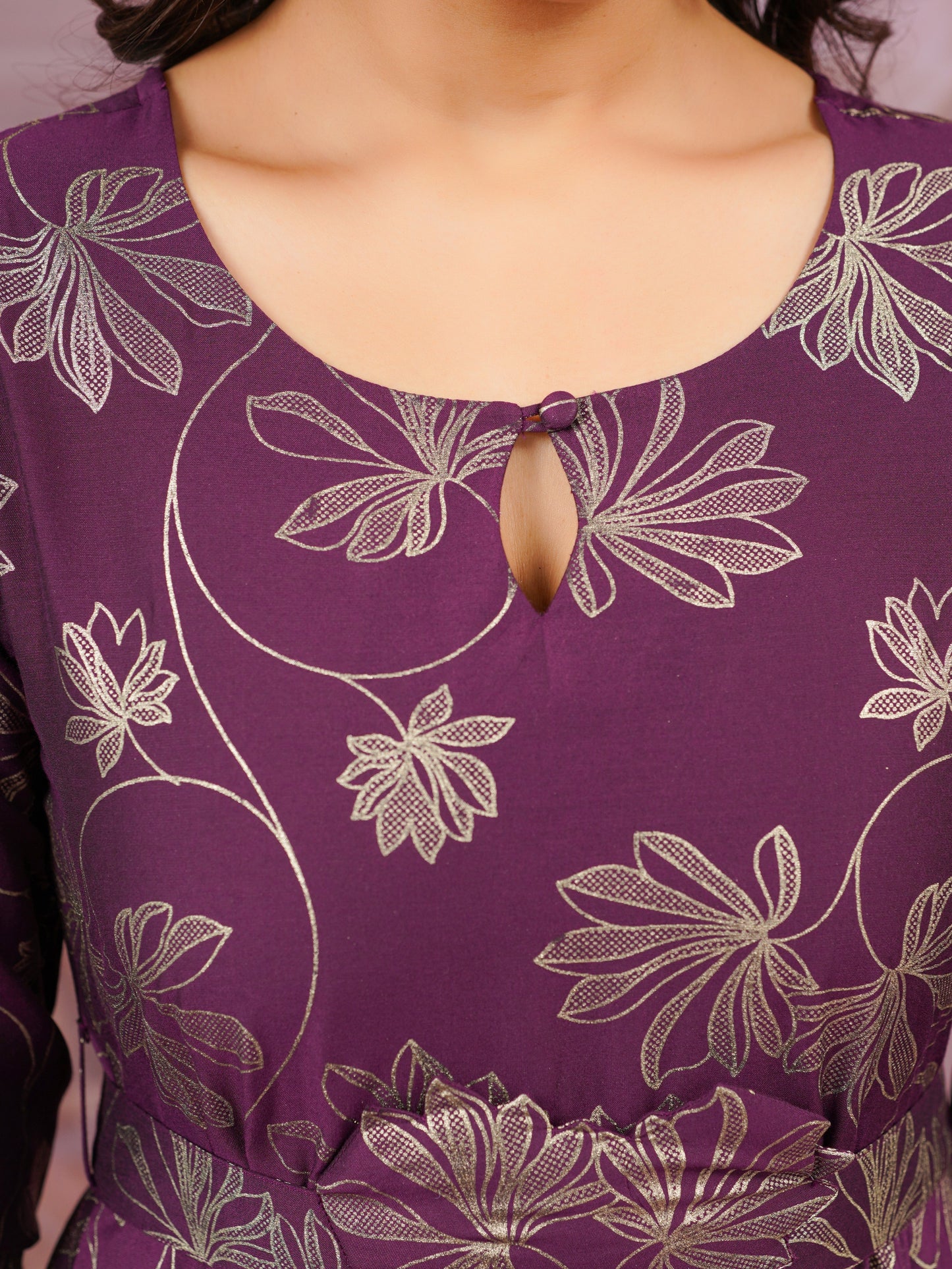 Chanderi Gold foil Anarkali Purple Dress (With Belt)