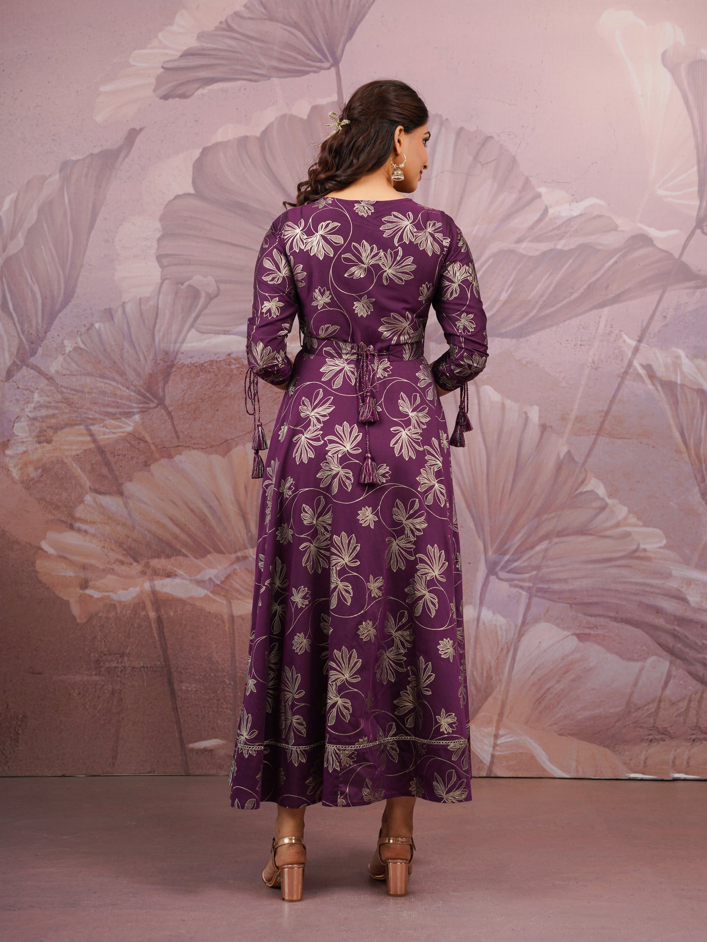 Chanderi Gold foil Anarkali Purple Dress (With Belt)