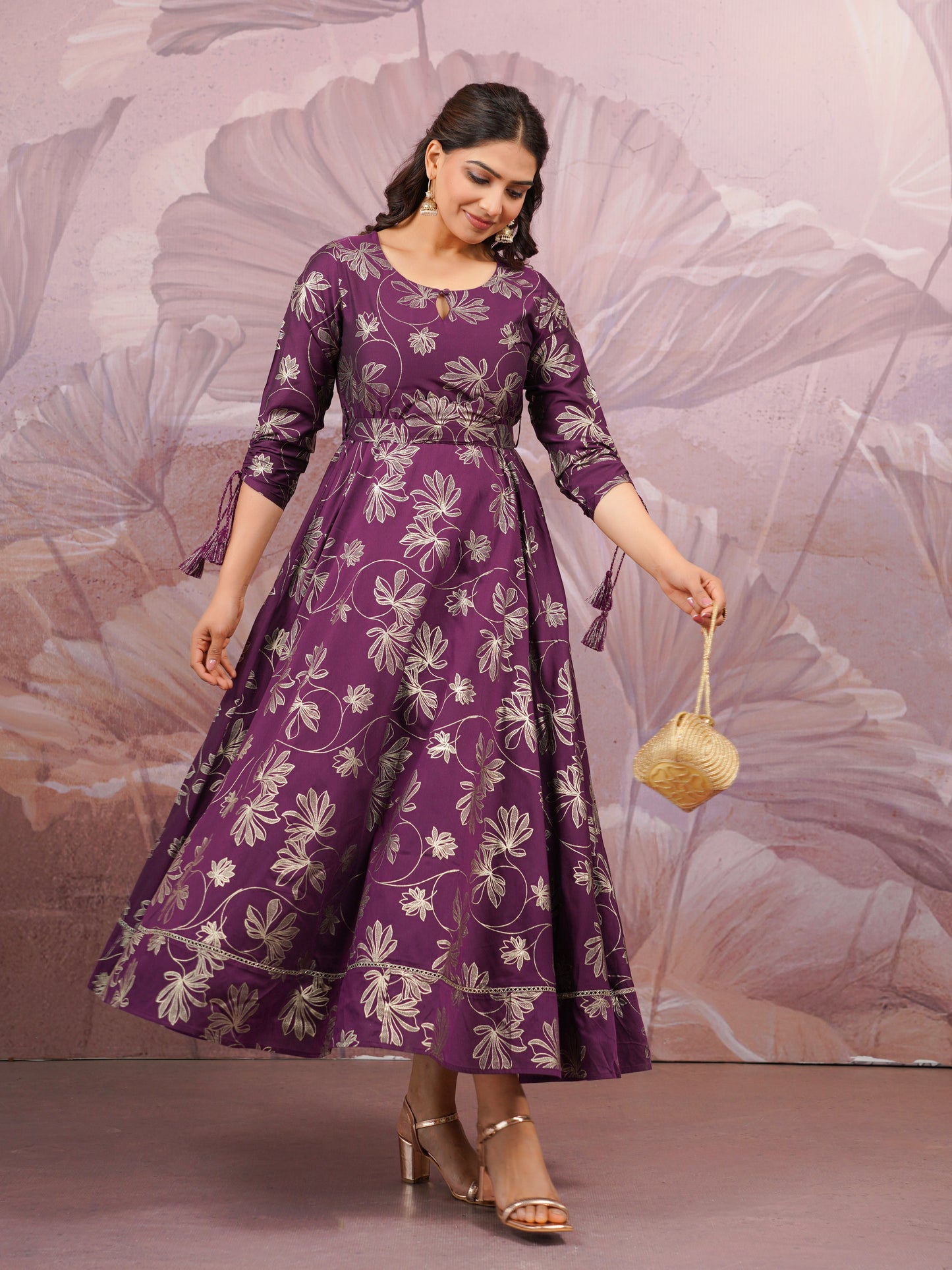 Chanderi Gold foil Anarkali Purple Dress (With Belt)