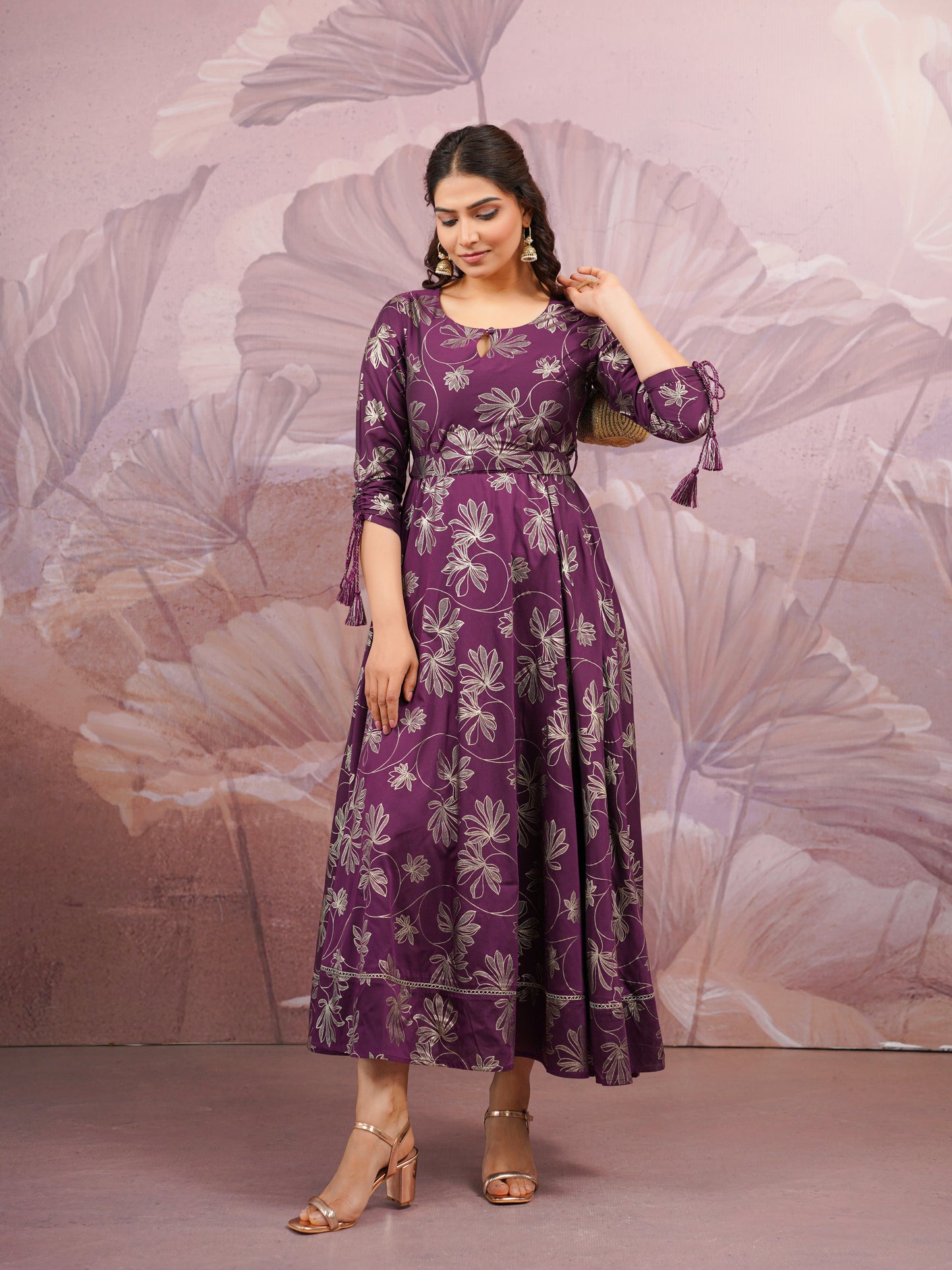 Chanderi Gold foil Anarkali Purple Dress (With Belt)