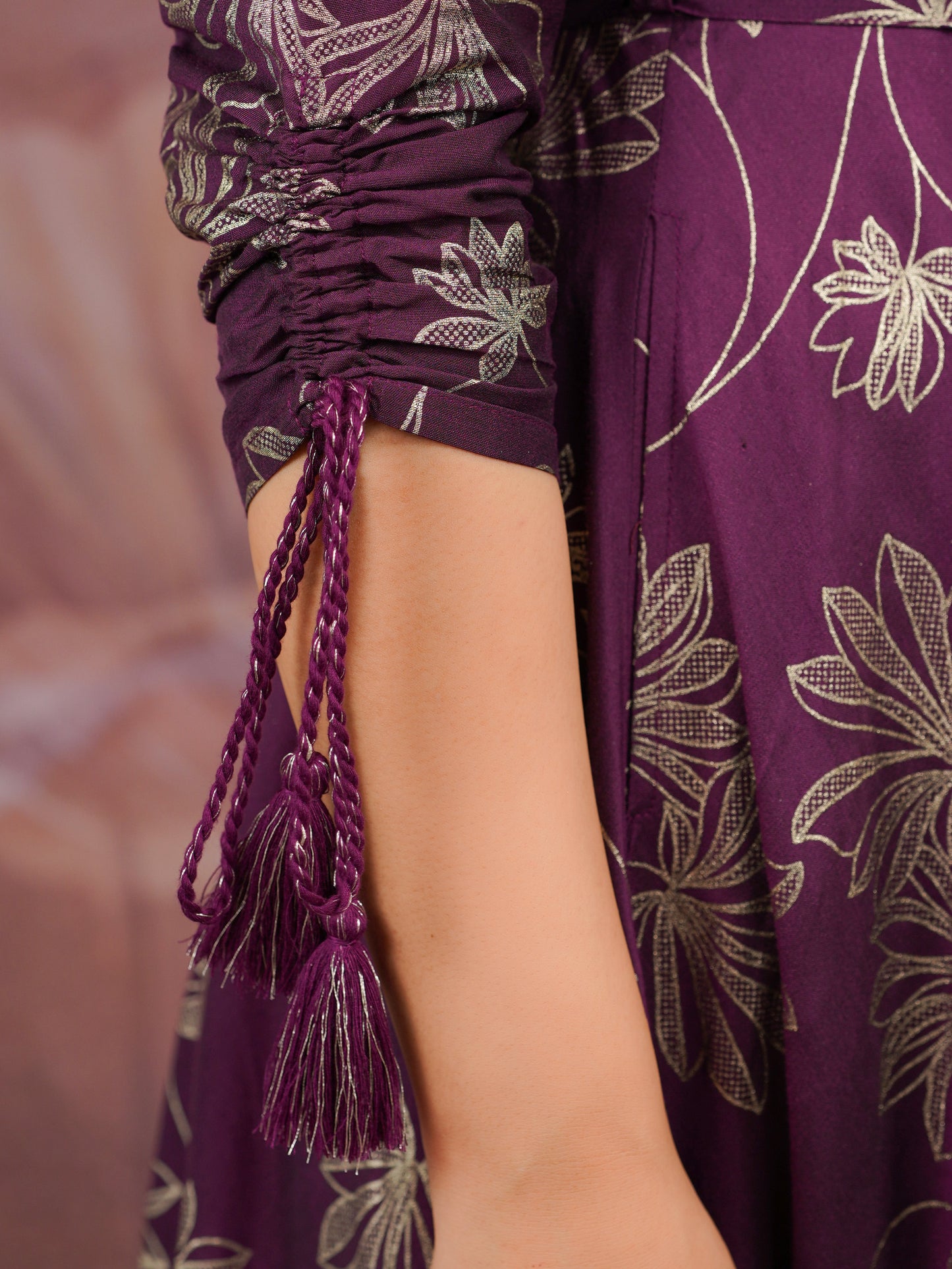 Chanderi Gold foil Anarkali Purple Dress (With Belt)