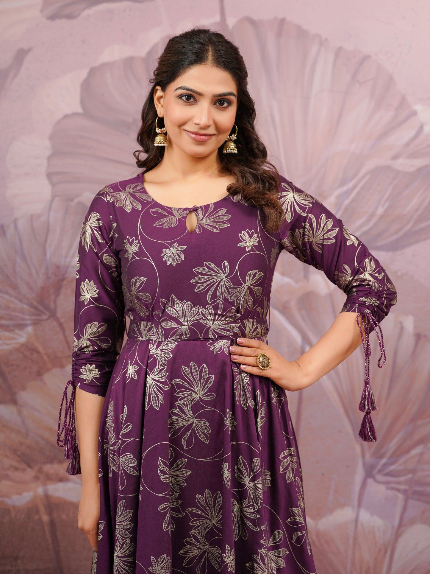 Chanderi Gold foil Anarkali Purple Dress (With Belt)