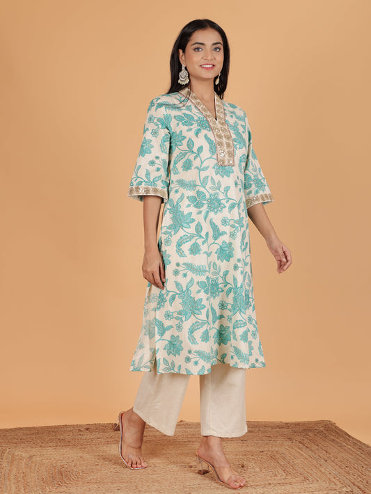 Linen Cotton Floral Kurta