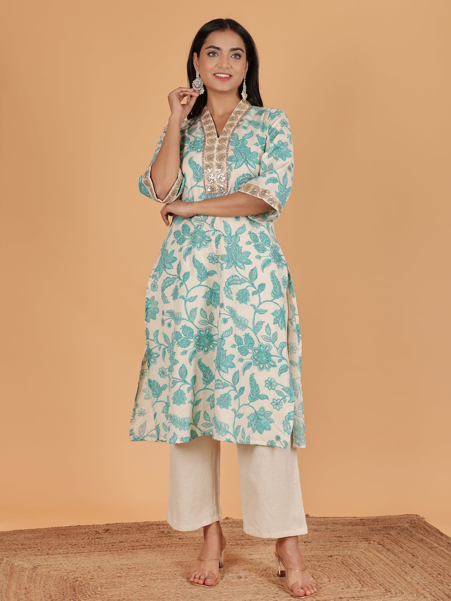 Linen Cotton Floral Kurta