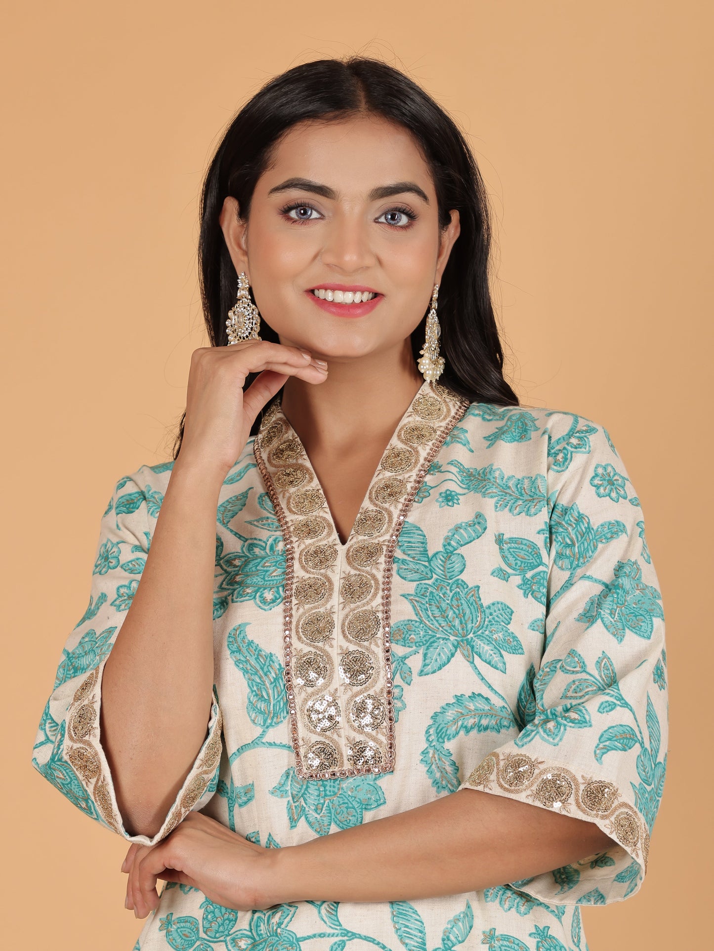 Linen Cotton Floral Kurta